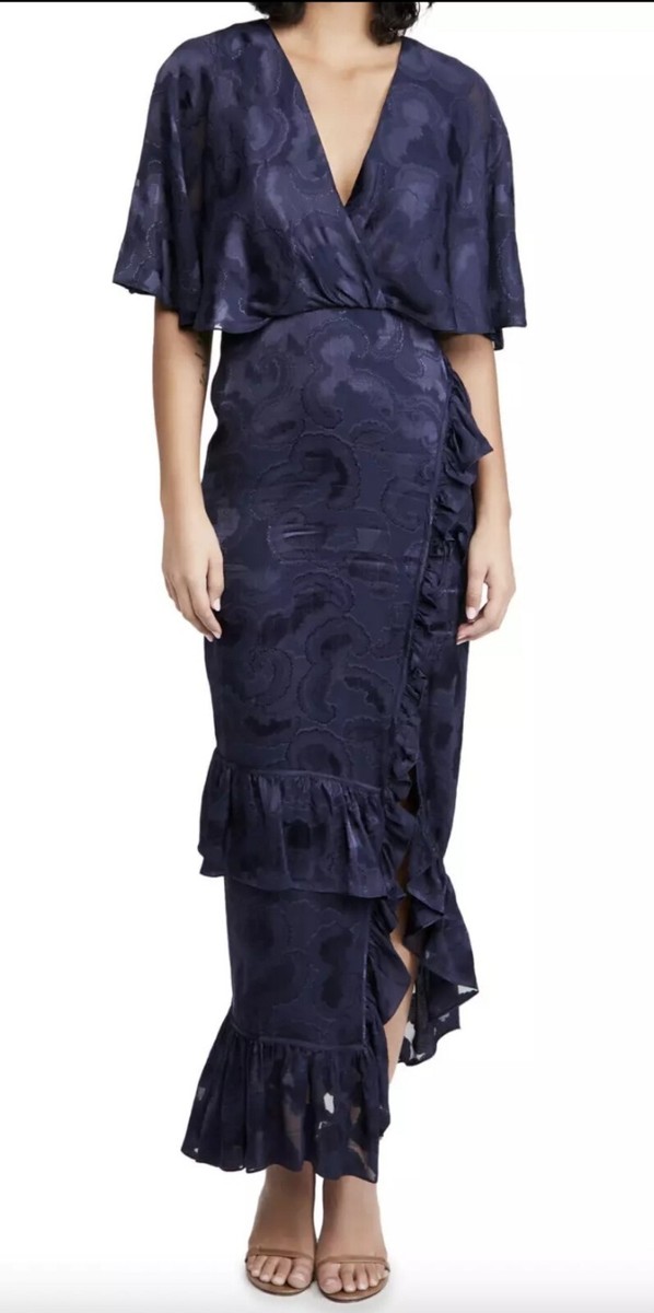 Saloni sz Silk Navy Blue Rose Patterns Print Floral Maxi Dress