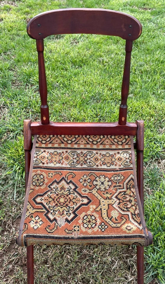 Lindo assento tapete cadeira campanha acampamento reunião acampamento dobrável antigo do século XIX - Imagem 2 de 4