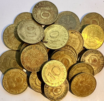 1949-1973 German Deutschmark 10 Pfennig Lot of 30 Coins