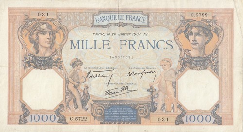 FRANCIA    MILLE FRANCS  Cérès et Mercure  Paris le 26 Janvier 1939 KF - Bild 1 von 2