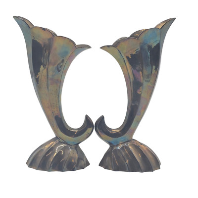 VTG Solid Brass Cornucopia Vase Pair MCM Art Deco Style Horn of Plenty 8.75''
