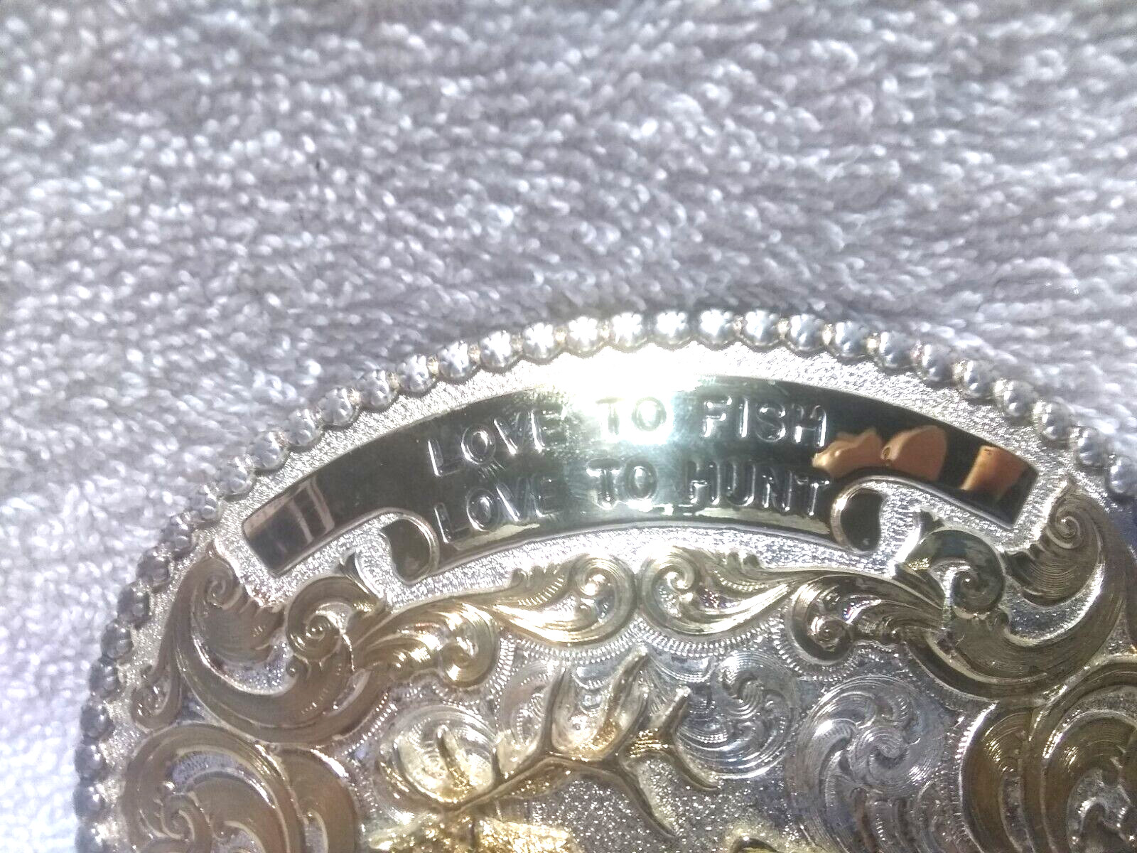 Montana Silversmiths Love to Fish, Hunt Bass Elk Gold Engraved Buckle W/Box EC