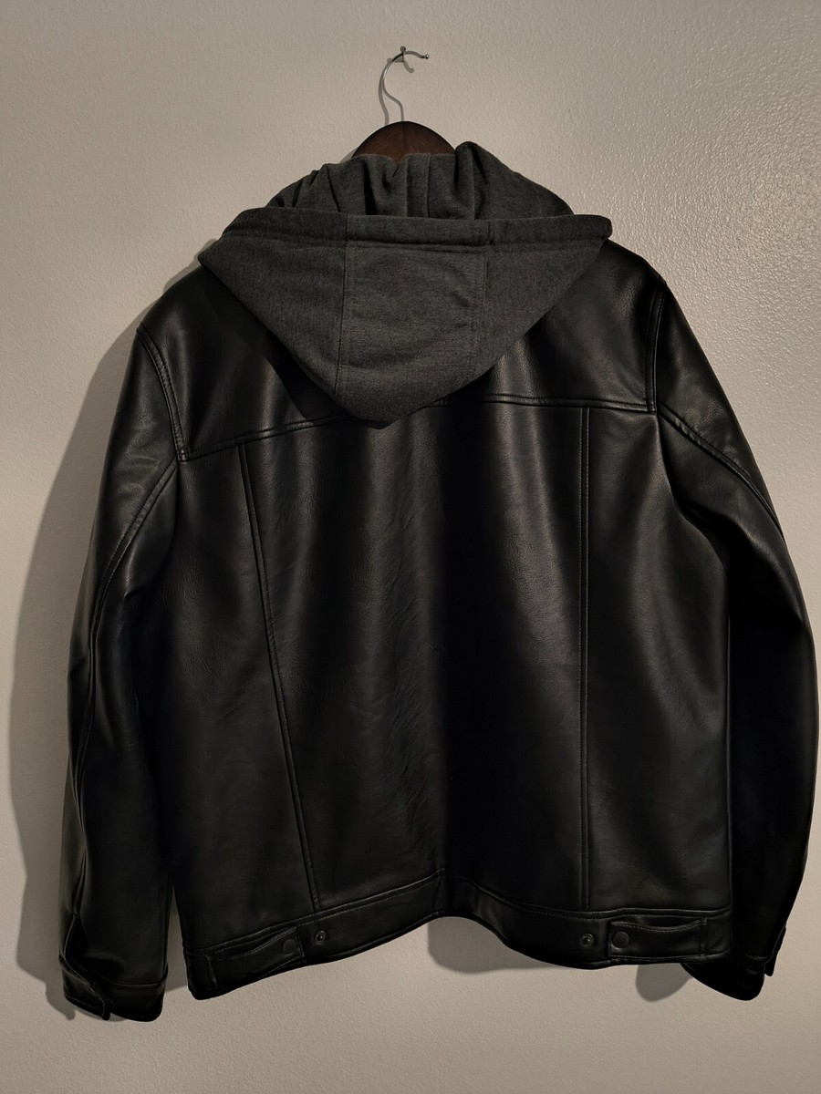 Levi's Men's Hooded Black Leather Jacket Sherpa Lined Sz M Faux