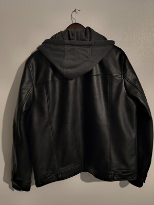 Levi's Men's Hooded Black Leather Jacket Sherpa Lined Sz M Faux