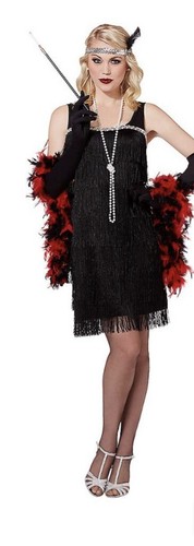 ADULT WOMEN BLACK FANCY FLAPPER DRESS / FEATHER HALLOWEEN COSTUME - Picture 2 of 3