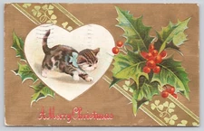 Postcard A Merry Christmas, Kitten, Holly, Gold, Embossed A3917