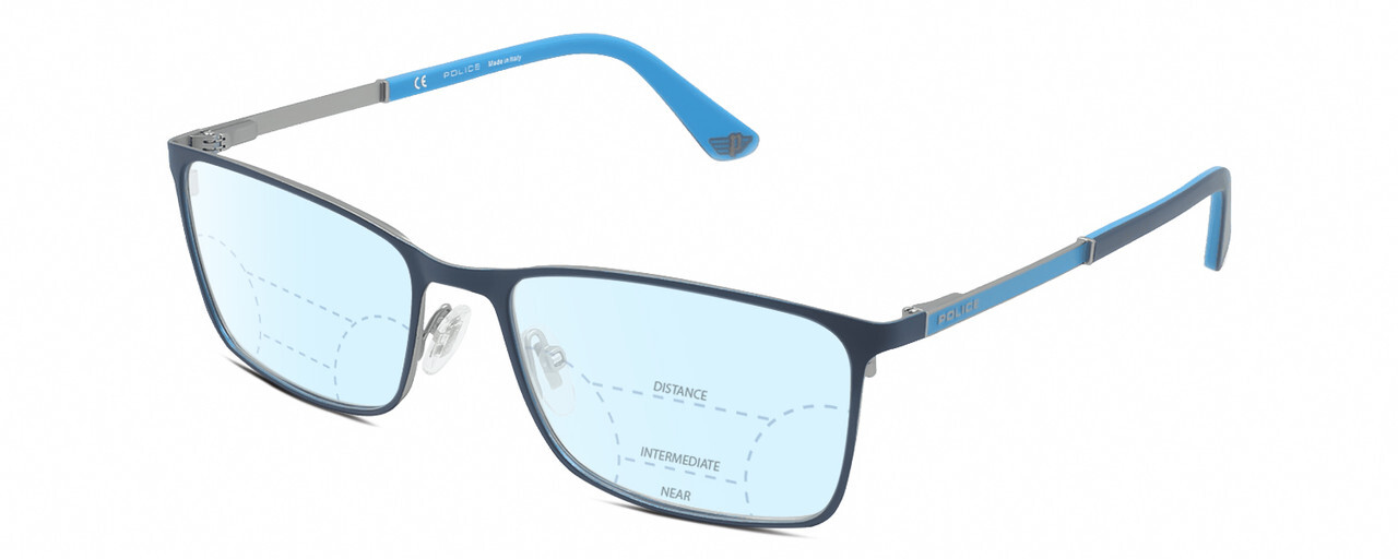 Police VPLA46 Blue Light Blocking Glasses Unisex Navy Cyan Silver 56mm Multi-Focus