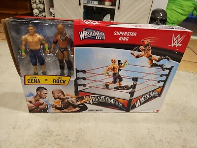 WWE WRESTLEMANIA 28 SUPERSTARS WRESTLING RING WITH ROCK AND CENA FIGURES, UNOPEN