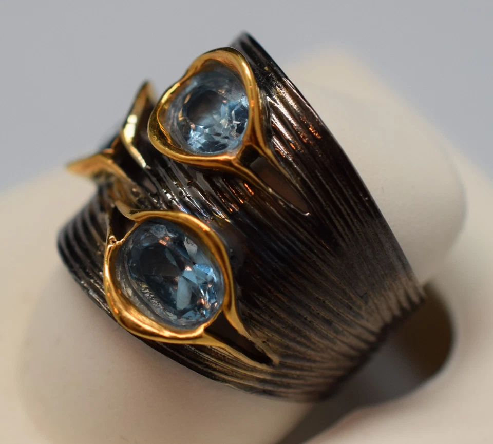 Anillo Topacio Negro Rodio Plata de Ley .925 Topacio Banda Ancha Foto 3 de 4