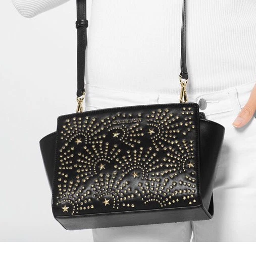 Nuevo Michael Kors Selma fuegos artificiales MD Bolso Mensajero Estrella Dorado Tachuela Cuero Remaches Foto 3 de 3