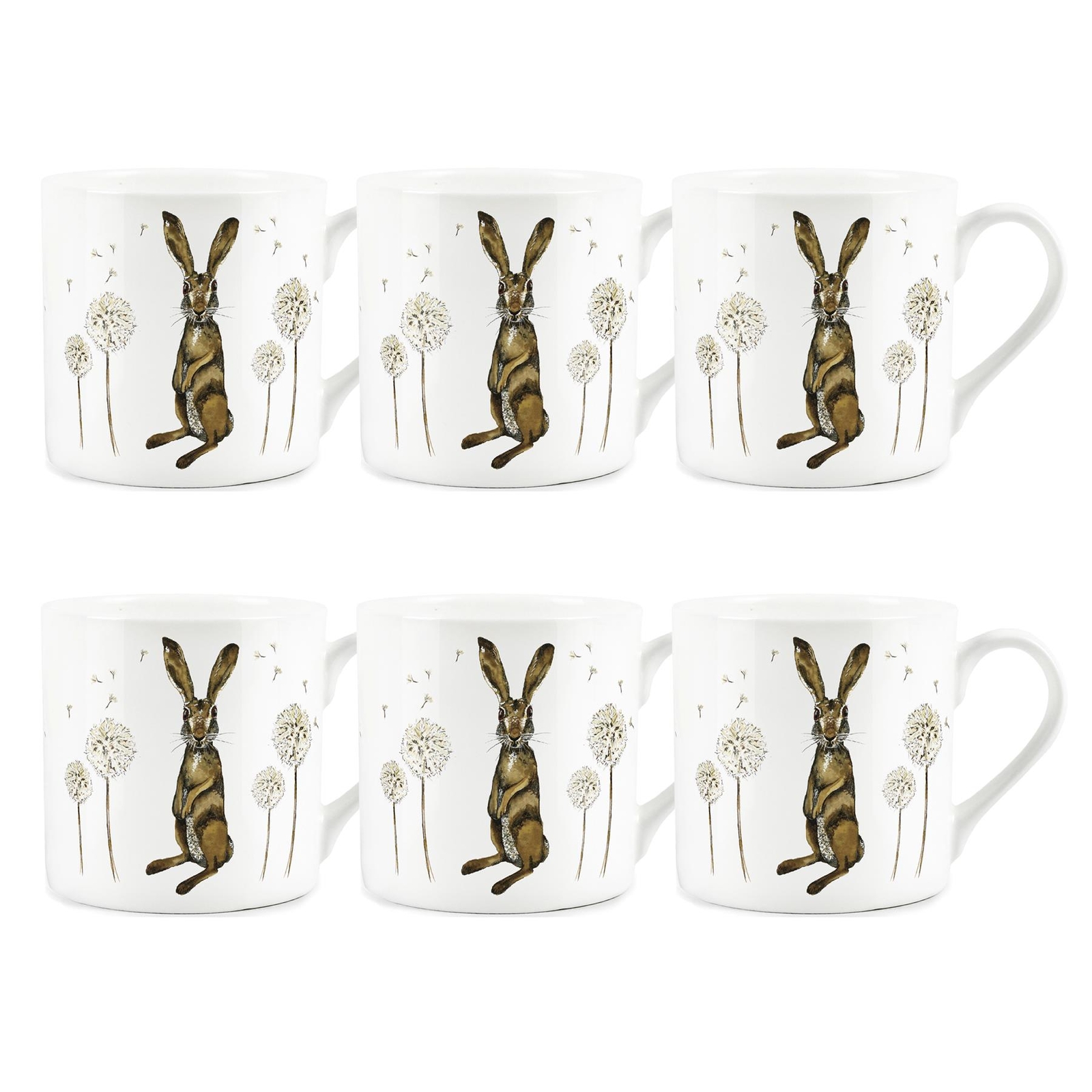 Bone China Hares & Dandelions Mugs Set by Rhiannon Chauncey - 6 Mugs Gift