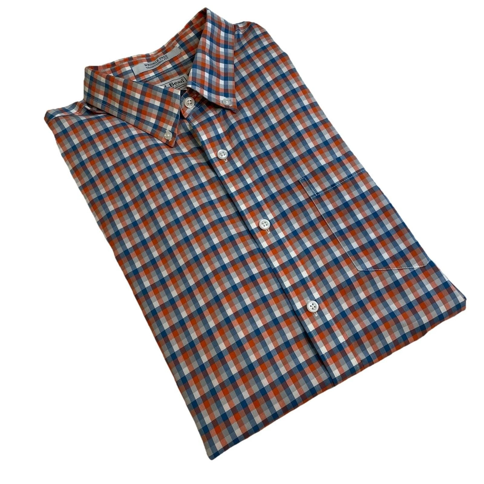 LL Bean Mens Tall Tattersall Orange Plaid Traditional Fit Button Down Outdoor XL