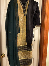 Women s Embroidered Salwar Kameez Set Black Chiffon Lace w/ Dupatta Small Size
