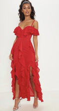 PRETTYLITTLETHING Red Chiffon Ruffle V-Neck Side Slit Maxi Dress 4
