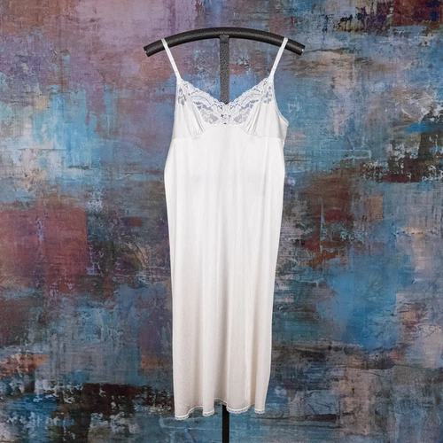 OFF WHITE Abito slip vintage raso nylon pizzo bordato avorio bianco sporco made in USA MEDIO 36