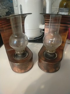 Antique Copper Wall Mounted Oil Lamps With Hurricane Globes