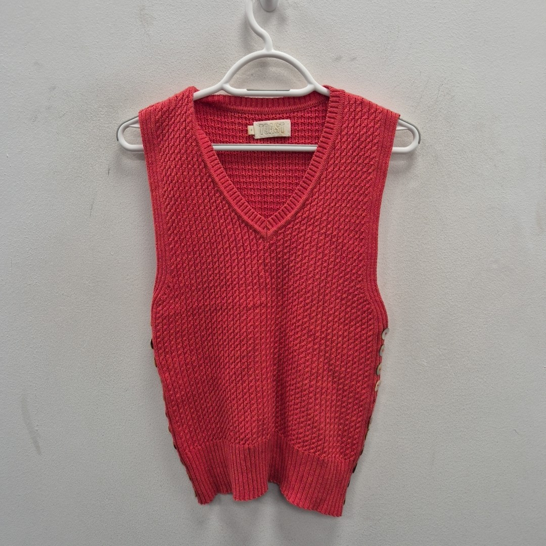 Toast Pima Cotton Cable Knit Buttons V Neck Short Gilet Vest Size UK 8 Women's
