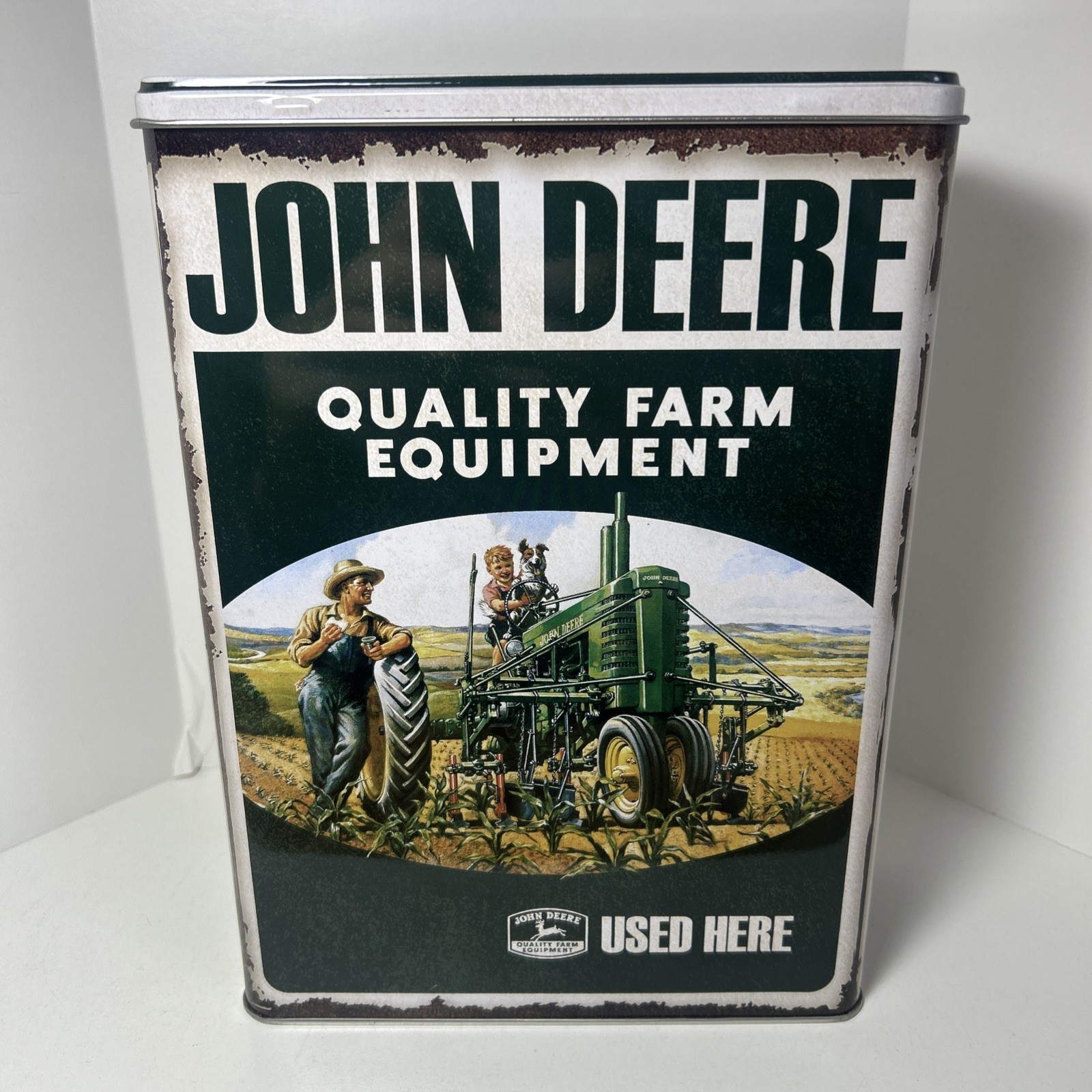 Vintage Style John Deere Retro Large Lidded Tin Classic Tractor Farm Equipment