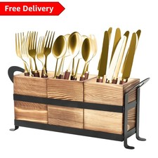 Stylish Rustic Cutlery Holder - 3 Sections & Non-Slip Feet for Kitchen Use