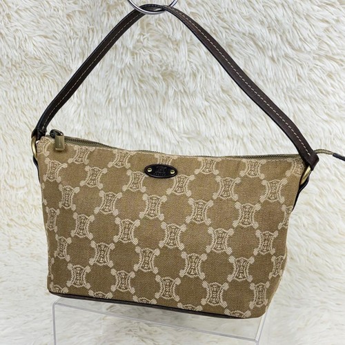 Celine C Macadam Canvas Leather One Shoulder Bag Beige Brown Compact