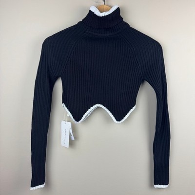 Commense Black Ribbed Turtleneck Cropped Sweater White Trim XS NEW
