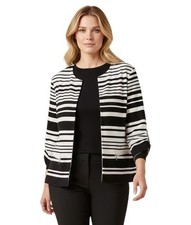 Chico  s Size 2 US L Blazer Jacket Cotton Black  White Stripes Summer Career