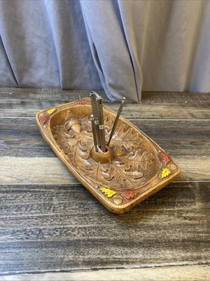 Vintage 1950s Mid Century Nut Bowl Faux Wood Plastic Resin Boho w/Cracker & Pick