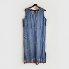 Vintage 90s Denim Dress M/L Embroidered Mom Shift Pinafore Cottage Modest