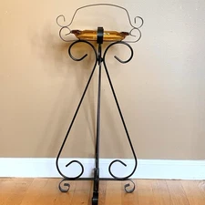Vintage Wrought Iron Floor Smoking Stand with Amber Glass Ashtray 26" High