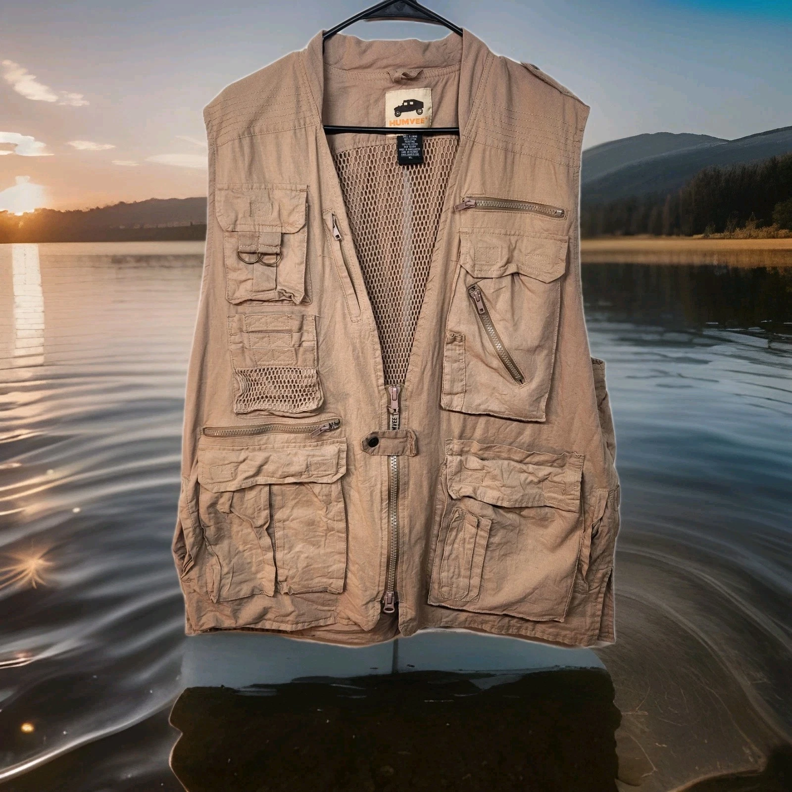 Humvee Safari Photo Fishing Hunting Khaki Pockets Vented Vest Men's XL 1855