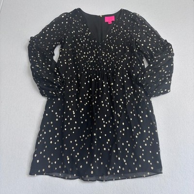 Lilly Pulitzer Cleme Silk Dot Dress Women's 8 Black Gold Sheer Whimsy Cocktail
