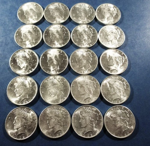 1922 PEACE DOLLARS FULL ROLL OF 20, UNCIRCULATED WITH LUSTER. STUNNING COINS.
