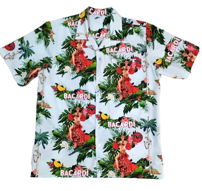 Bacardi Tropical Island Beach Style Shirt w/Dancing Lady, Birds, Floral Designs