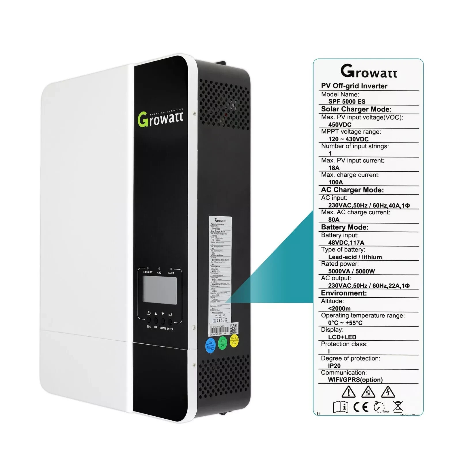 Growatt SPF 5000 ES Off grid solar inverter support 48V battery MPPT ...