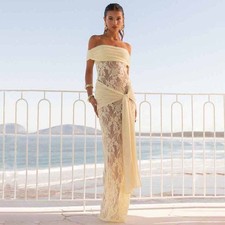 Sheer Mesh and Lace Maxi Dress - Sleeveless Off-Shoulder