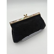 VTG Black Beaded Evening Bag Mother of Pearl Trim Japan Made Chain Strap Clutch