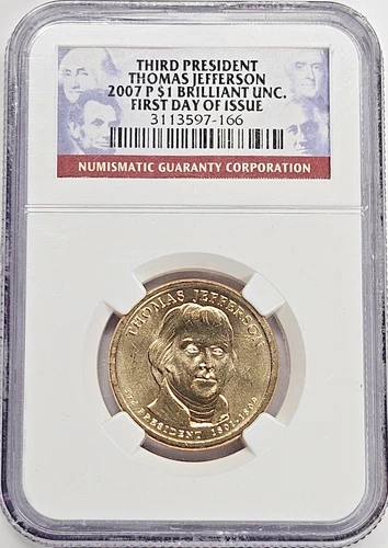 2007 Thomas Jefferson Pres. Dollar NGC Brilliant Unc. 1st Day of Iss. #97-166
