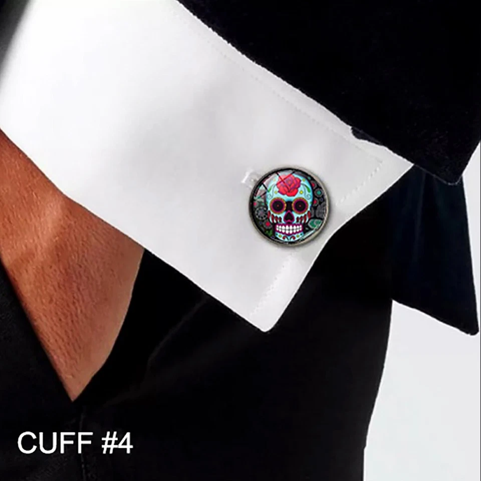 Day of the Dead Cufflinks, Sugar Skull Cuff Links, Skull Cufflinks for Men - Image 3 of 4