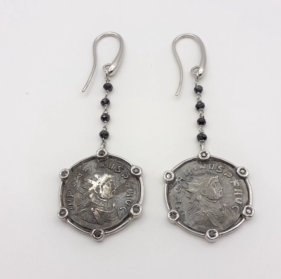 Orecchini argento 925 monete romane gioiello donna diamanti neri spinelli neri - Immagine 3 di 3