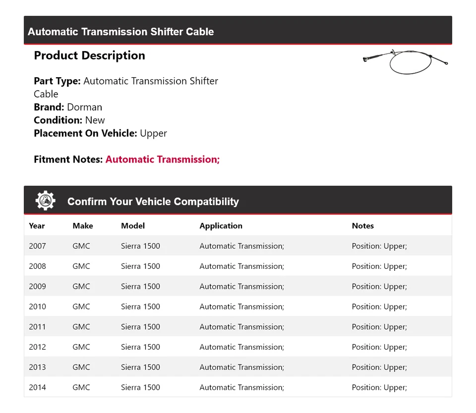 For 2007-2014 GMC Sierra 1500 Dorman Automatic Transmission Shifter Cable Upper - Image 2 of 4