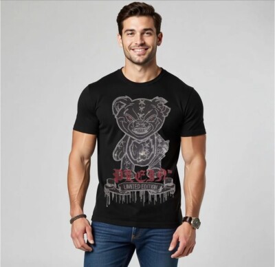 New Fashion Rhinestones Crazy Bear Luxury Men Black White T-Shirt High Quality