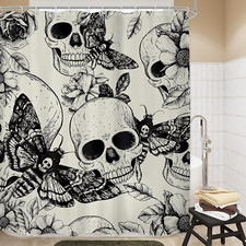 Gothic Skull Moth Shower Curtain Bathroom Set 60Wx71H Inches Black Deathhead Sca