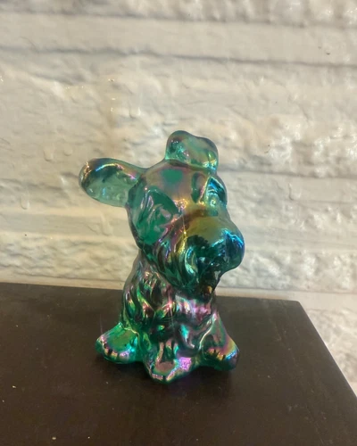 Fenton Art Glass 1999 Iridescent Spruce Green Carnival Scottie Dog Figurine