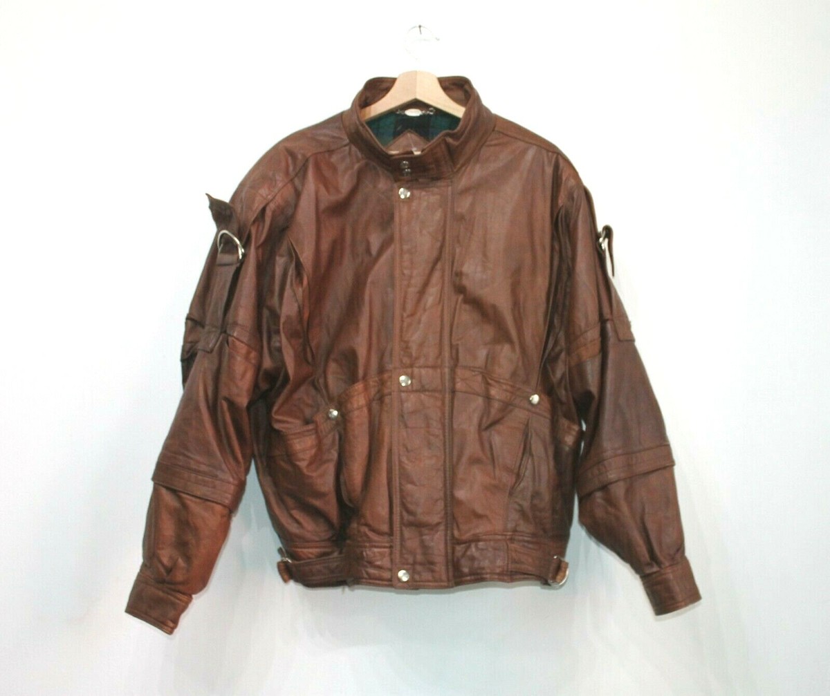 80s VINTAGE MARTINELLI ITALY Brown Cow Leather Biker Jacket Tartan