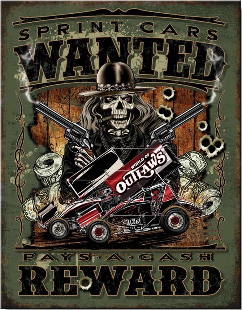 World of Outlaws Sprint Cars Racing Wanted Skelton Revolvers Tin Metal Sign New