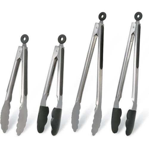 Stainless Steel & Silicone Kitchen Tongs Set, 4 Pcs, Heavy Duty, 9 & 12 Inch