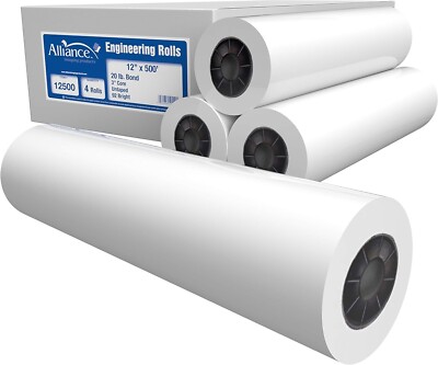 Alliance Wide Format Paper Rolls Bond Engineering 12'' x 500' x 3'', 20lb. 4 Rolls