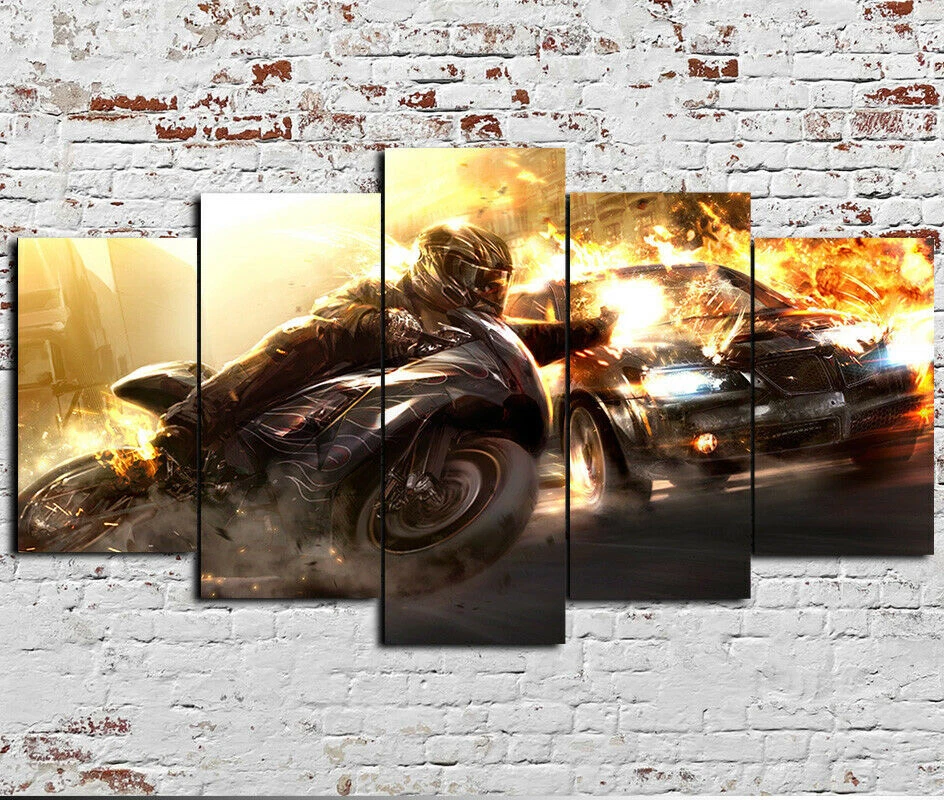 Cartel de arte de pared impresión en lienzo de 5 paneles acción carrera coche grande Vs bicicleta decoración del hogar Foto 2 de 4
