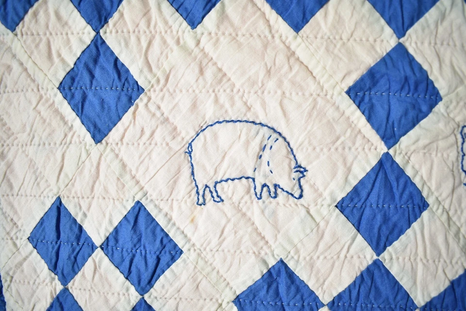 30's Vintage Blue & White Nine Patch Antique Crib Quilt ~Background Animals! - Image 4 of 4