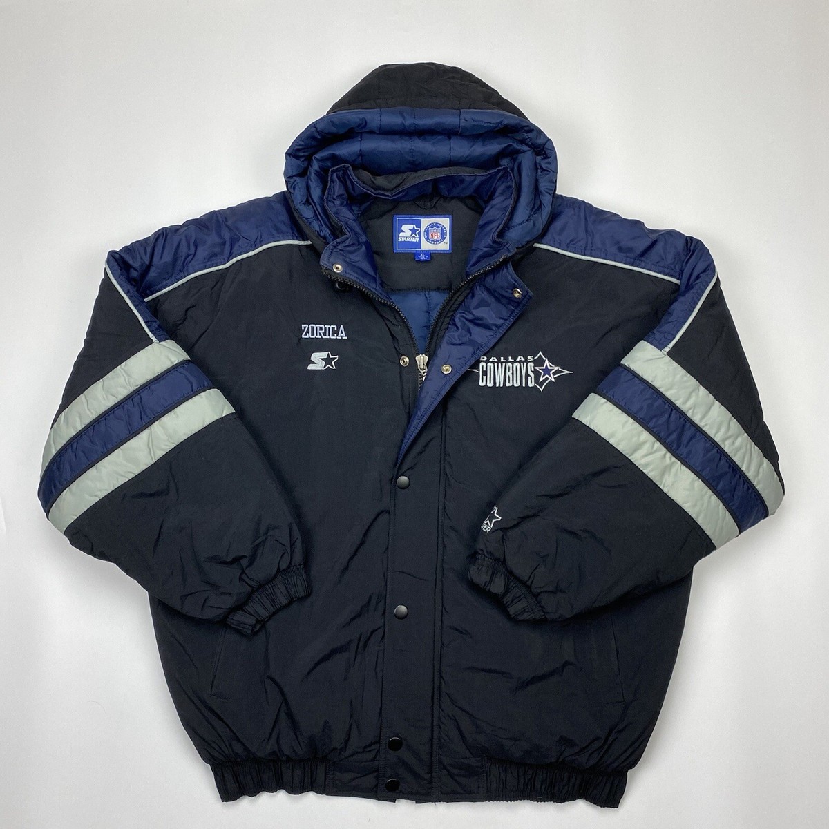 Vintage Starter Dallas Cowboys Hooded Bomber Black Jacket Size XL